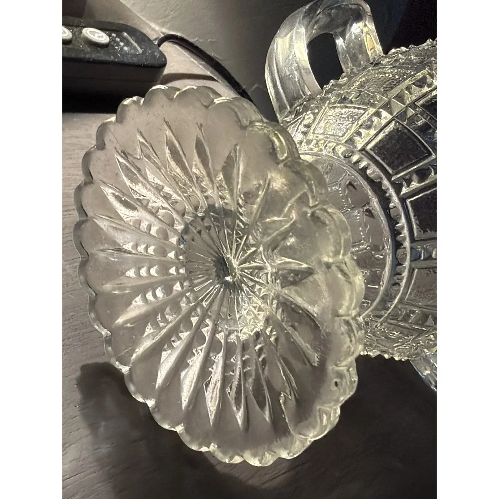 Vintage Clear Pressed Glass Footed Sugar Dish Scalloped Rim Double Handled EAPG
